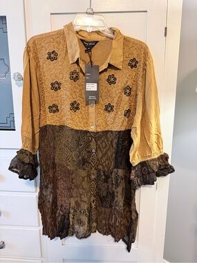 Young Threads Mustard & Brown Embroidered Patchwork Blouse